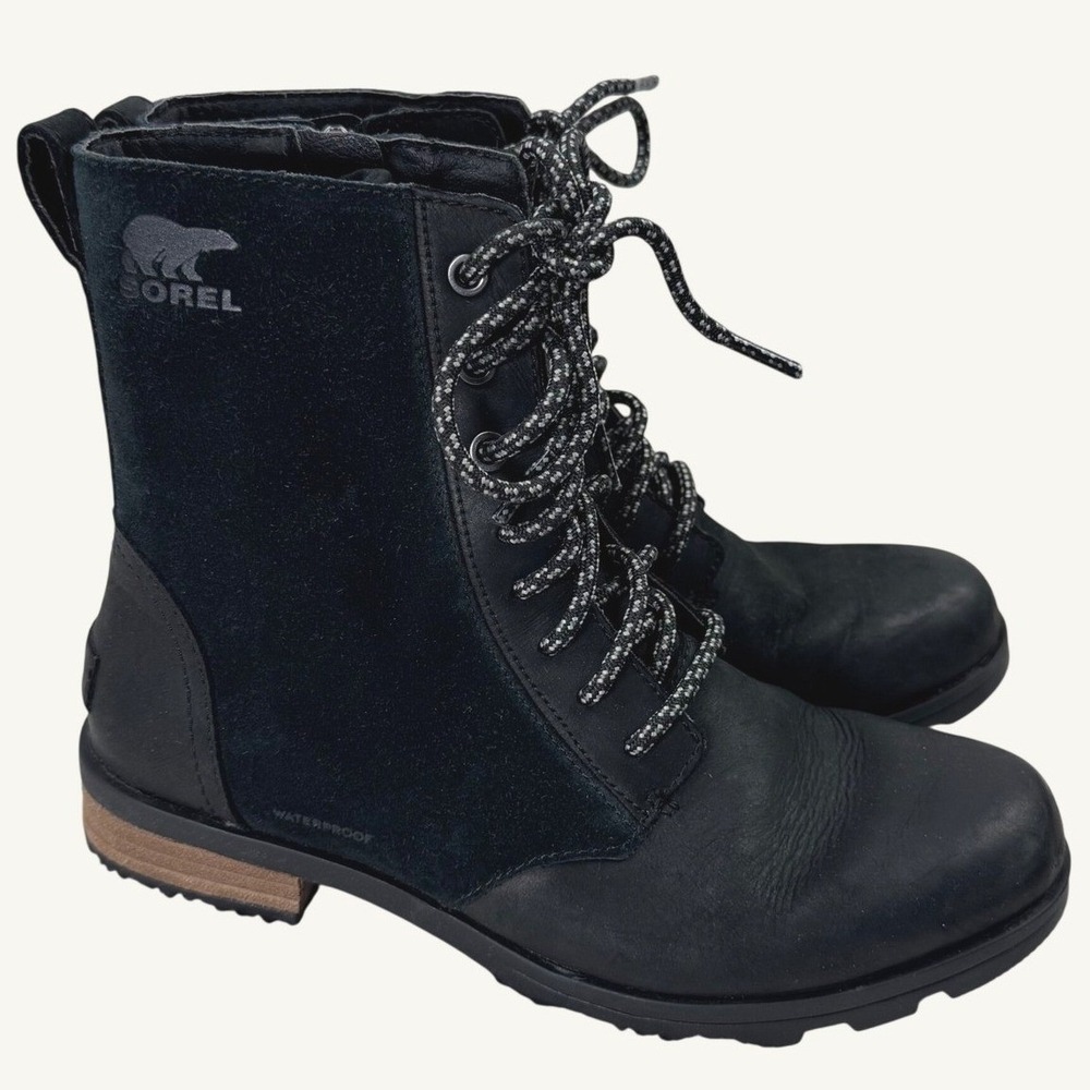 Sorel Lennox Lace Boots Womens 6.5 Black Leather Waterproof NL3309-010 Moto